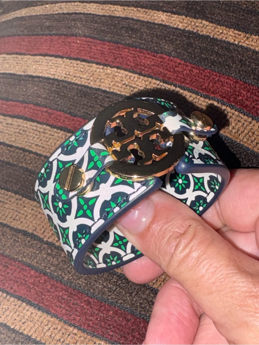 Tory Burch Green, White & Black Printed Leather Logo Cuff with Gold Logo